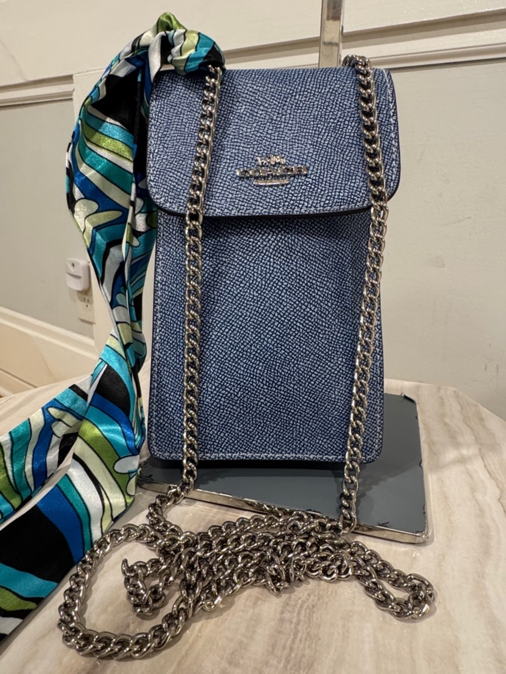 Coach North South Light Denim Blue Leather Crossbody Phone Pouch with Chain - Picture 4 of 17